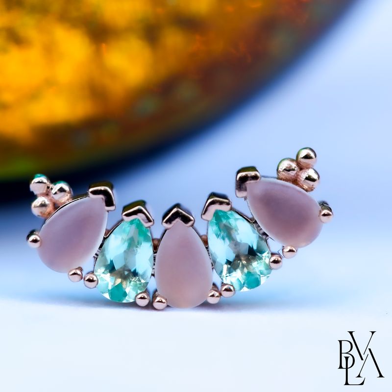 Pear Panaraya 5 Sandblasted White Moonstone, Mint Beryl 14g Threaded End 14k Rose Gold