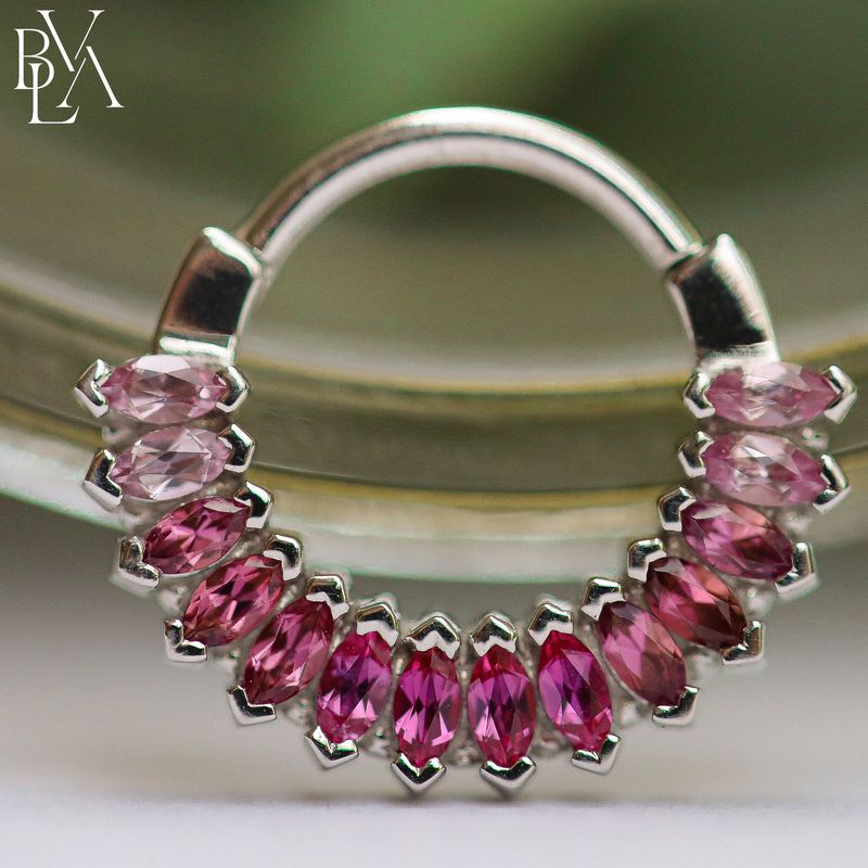 Sweet Dreams Hot Pink Sapphire, Pink Tourmaline, Pink Sapphire Forward Facing Hinge Ring 16g 3/8" 14k White Gold
