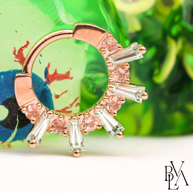Baguette Kolo Mint Beryl, Oregon Sunstone Forward Facing Hinge Ring 16g 3/8" 14k Rose Gold