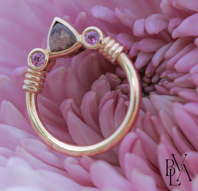 Trillion Faraway Zawadi Sapphire, Rhodolite Forward Facing Seam Ring 16g 3/8" 14k Yellow Gold