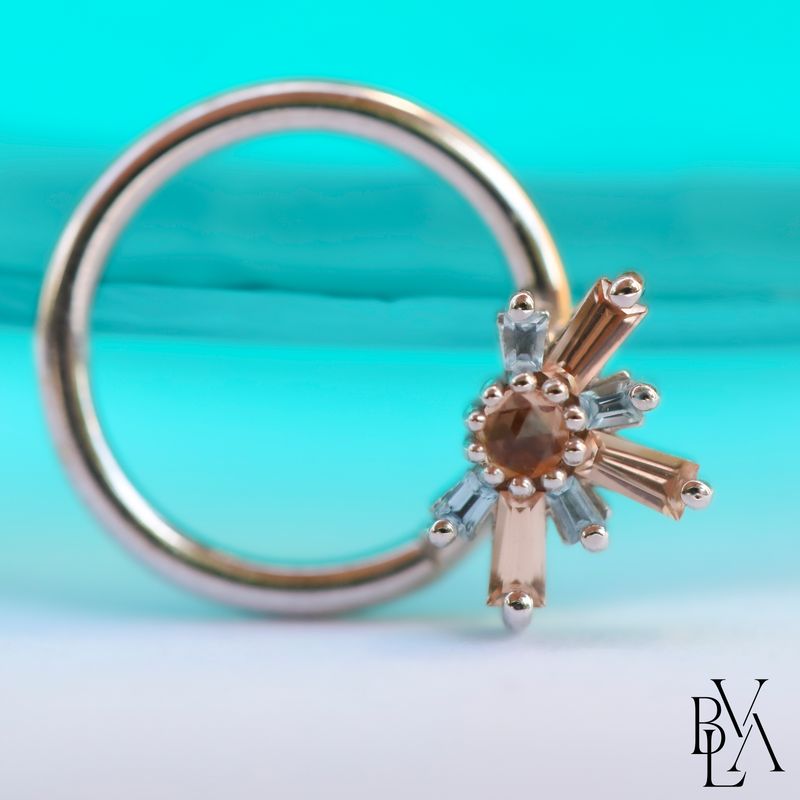 Half MiniNova Rose Cut Champagne Sapphire, Swiss Blue Topaz, Champagne Sapphire Forward Facing Seam Ring 16g 3/8" 14k White Gold