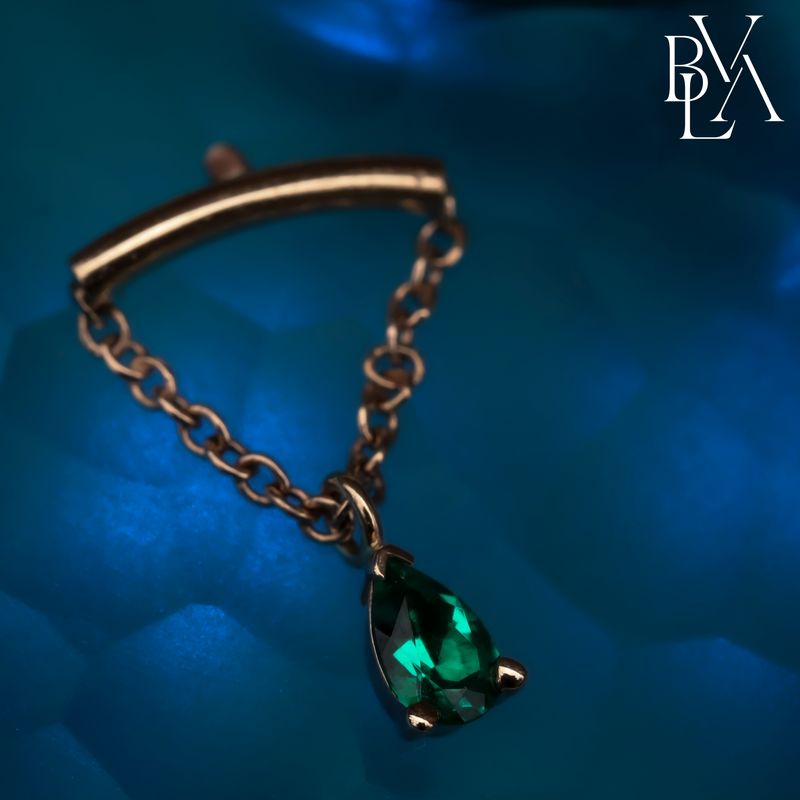 Kendall Pear Emerald 16g Threaded End 14k Yellow Gold