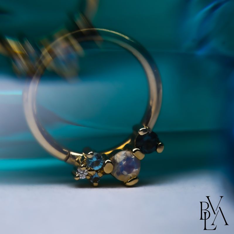 Ripple Faceted Rainbow Moonstone, London Blue Topaz, Swiss Blue Topaz, Aquamarine, VS1 Diamond Forward Facing Seam Ring 16g 3/8" 14k Yellow Gold