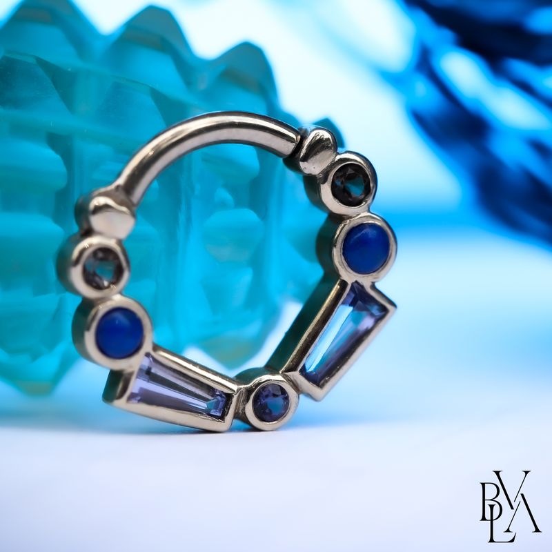 Abra Tanzanite, Iolite, Lapis Lazuli Cabochon, Smoky Quartz Forward Facing Hinge Ring 16g 5/16" 14k White Gold