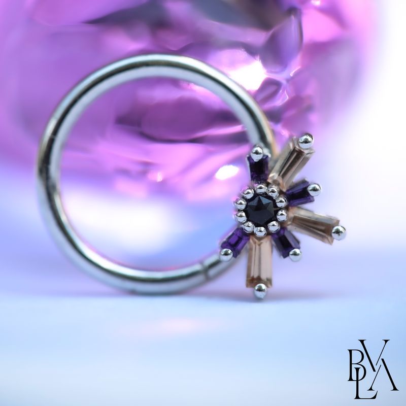 Half MiniNova Rose Cut Amethyst, Champagne Sapphire, Amethyst Forward Facing Seam Ring 16g 3/8" 14k White Gold