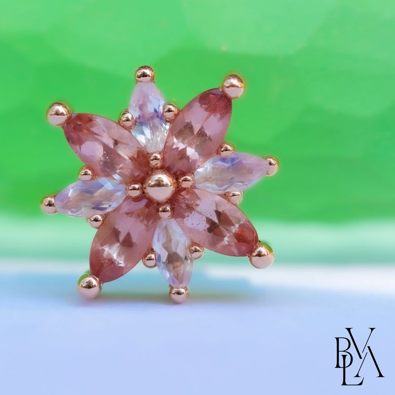 Polaris Oregon Sunstone, Faceted Rainbow Moonstone 14g Threaded End 14k Rose Gold