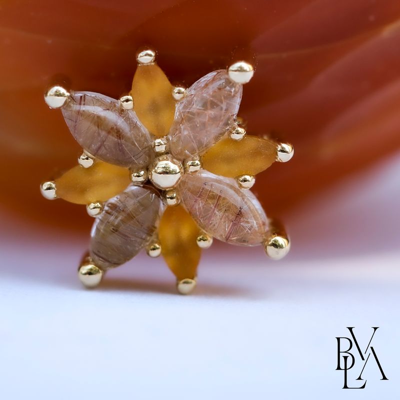 Polaris Rutilated Quartz Cabochon, Sandblasted Citrine 14g Threaded End 14k Yellow Gold