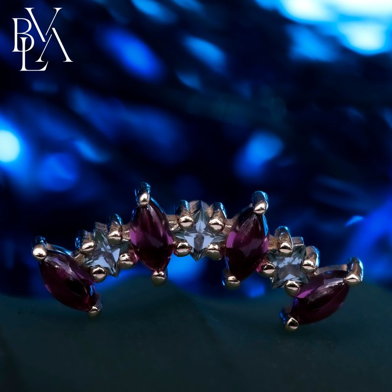 Fiona Rhodolite Cabochon, Grey Sapphire 14g Threaded End 14k Yellow Gold