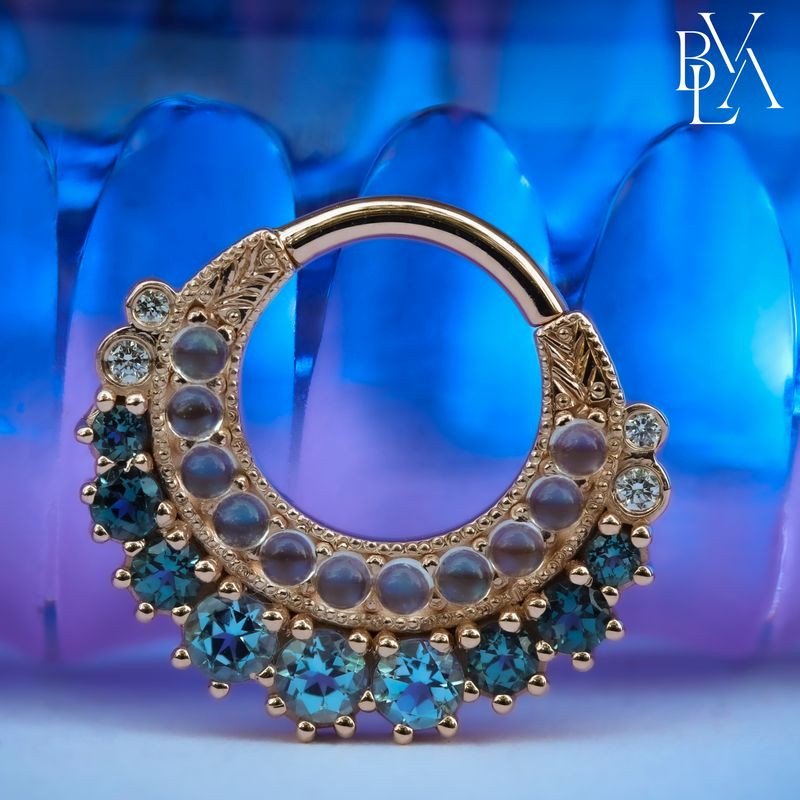 Marilyn Aquamarine, London Blue Topaz, VS1 Diamond, Rainbow Moonstone Cabochon Forward Facing Hinge Ring 16g 5/16" 14k Rose Gold