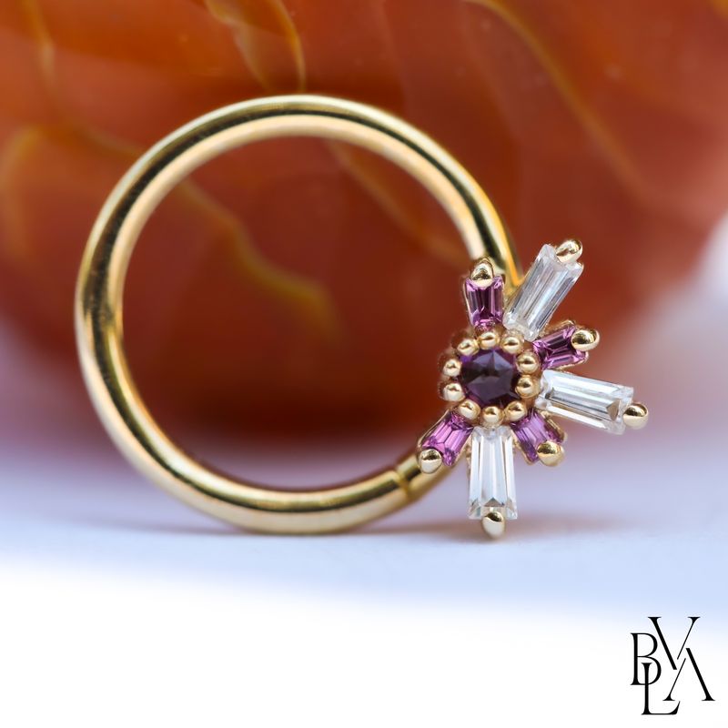 Half MiniNova Rose Cut Rhodolite, CZ, Rhodolite Forward Facing Seam Ring 16g 3/8" 14k Yellow Gold