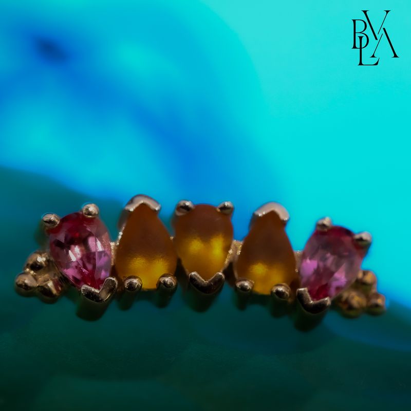 Nalani Sandblasted Citrine, Padparadscha Sapphire 16g Threaded End 14k Yellow Gold