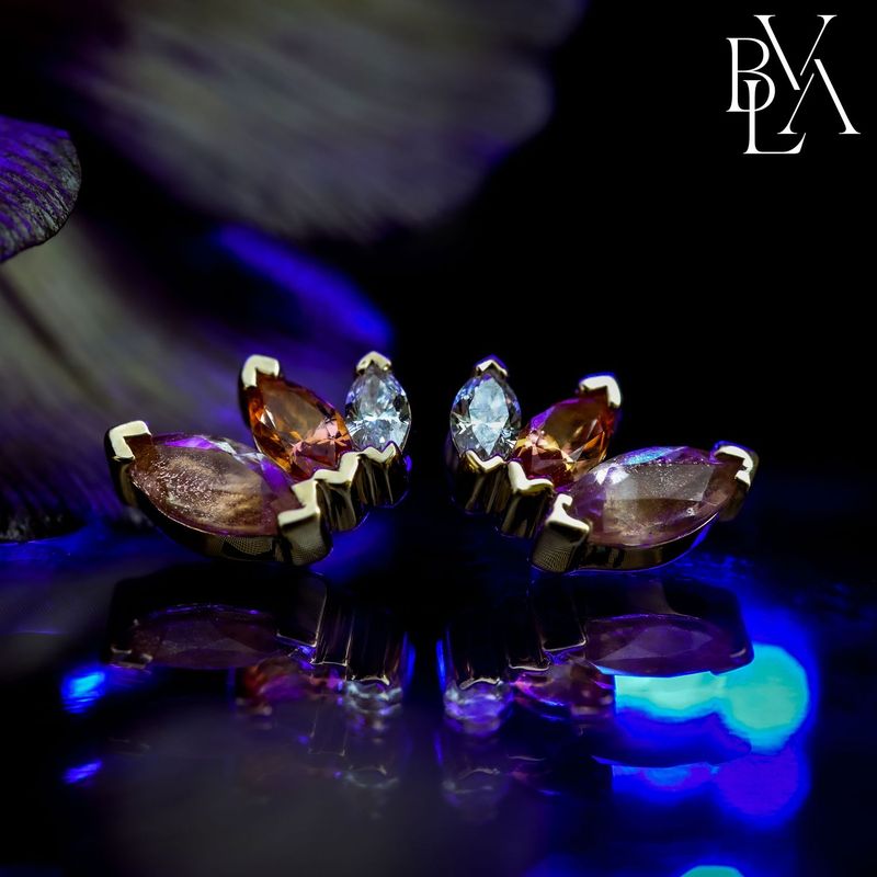 French Kiss Right Facing Diamond, Peach Topaz, Oregon Sunstone 16g Threaded End 14k Yellow Gold