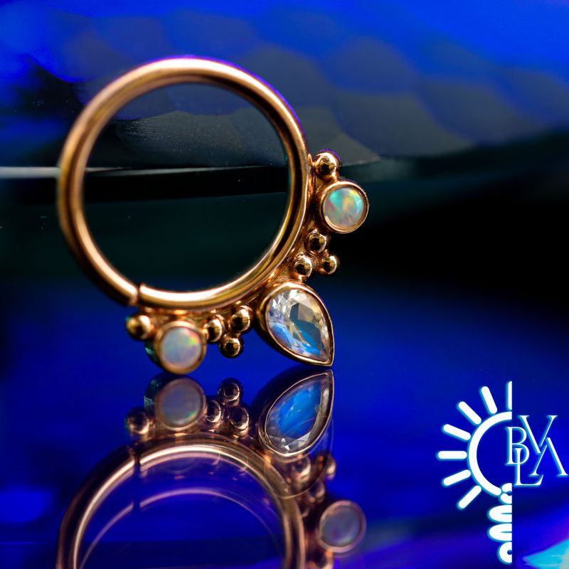 Eden Pear Faceted Rainbow Moonstone, Genuine White Opal Cabochon Forward Facing Seam Ring 16g 3/8" 14k Rose Gold