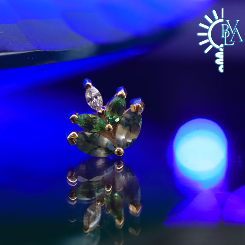 Esme Faceted Moss Agate, Tsavorite, VS1 Diamond 16g Threaded End 14k Yellow Gold