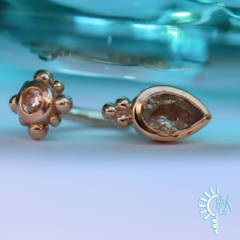Beaded Pear Bezel Champagne Sapphire, Faceted Rutilated Quartz J Curve 16g 9/32" 14k Rose Gold