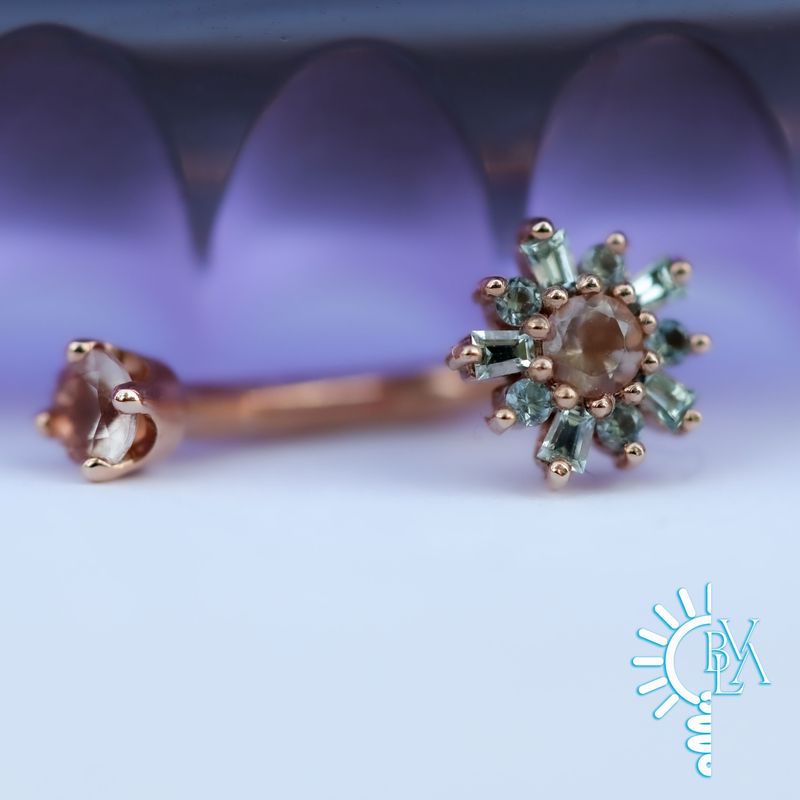 Elaine Oregon Sunstone, Grey Sapphire J Curve 16g 9/32" 14k Rose Gold