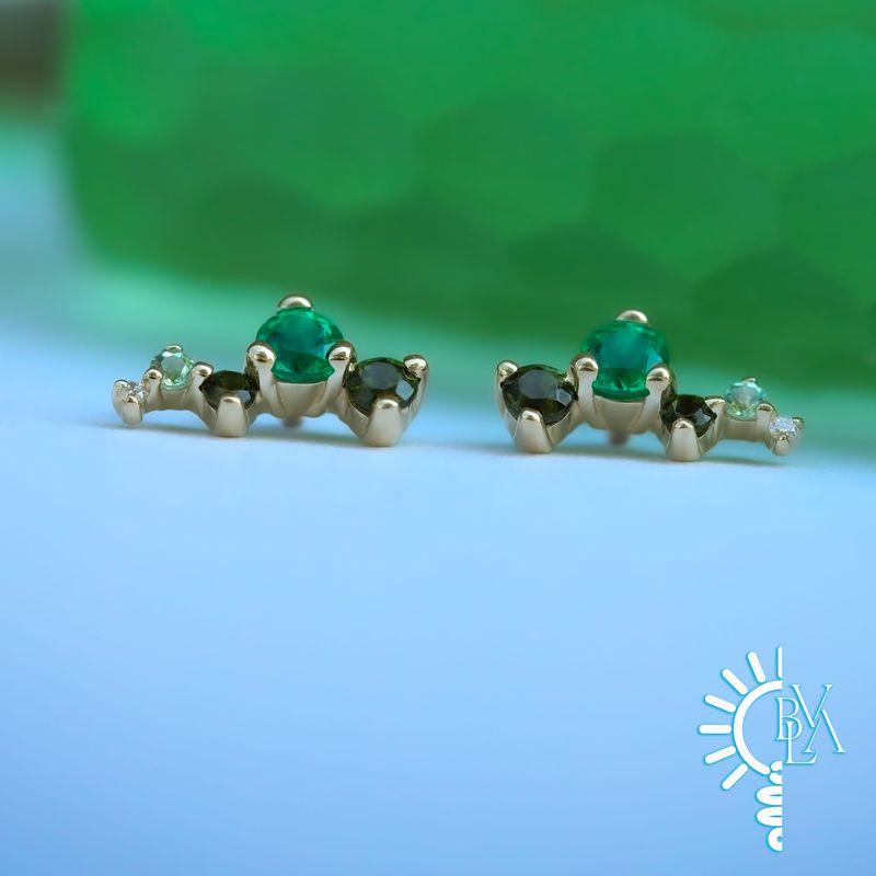 Ripple Green Tourmaline, Emerald, Green Tourmaline, Chrysoberyl, VS1 Diamond Left Facing 16g Threaded End 14k Yellow Gold