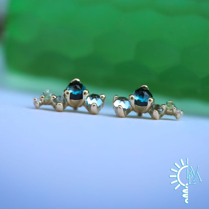 Ripple Rose Cut Swiss Blue Topaz, Rose Cut London Topaz, Grey Sapphire, Chrysoberyl, VS1 Diamond Left Facing 16g Threaded End 14k Yellow Gold