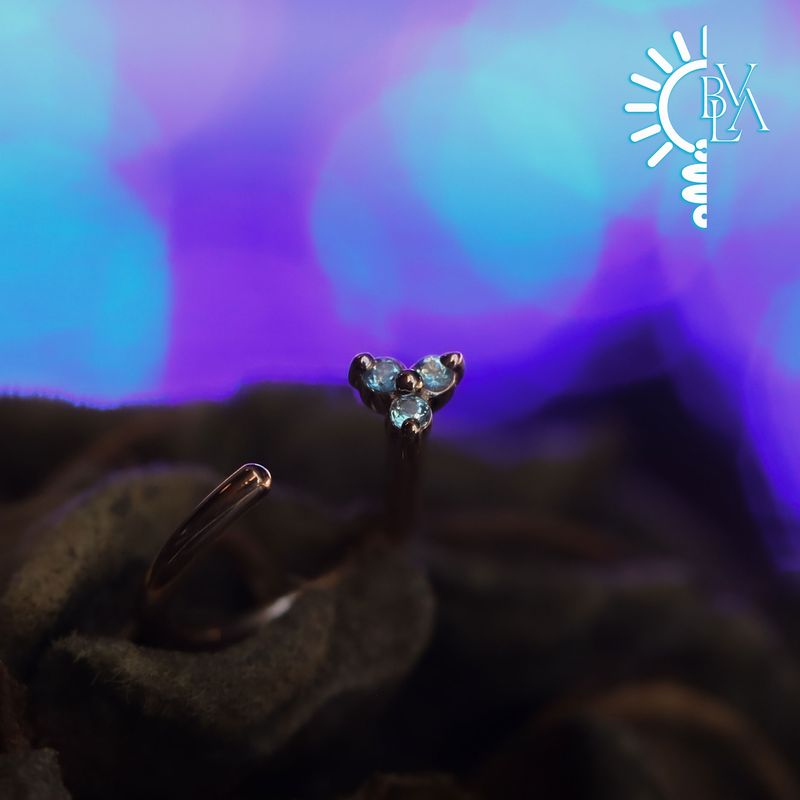 Tri Prong Ice Blue Topaz 1mm Snail 18g 1/4" 14k Rose Gold