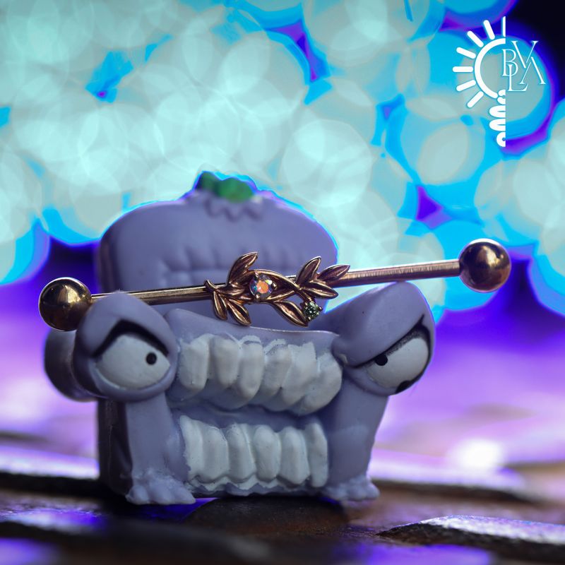 Jessamine Mercury Mist Topaz, Ice Green Diamond Industrial Barbell 16g 1 1/8" 14k Yellow Gold