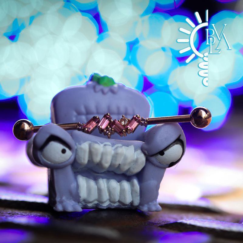 Genesis Light Amethyst, Champagne Sapphire, Pink Tourmaline Industrial Barbell 16g 1 1/8" 14k Rose Gold