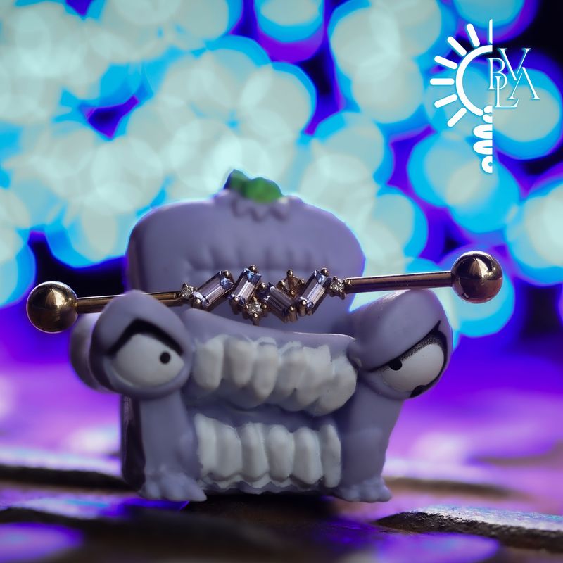 Genesis Diamond, Rainbow Moonstone, Tanzanite Industrial Barbell 16g 1 1/8" 14k Yellow Gold