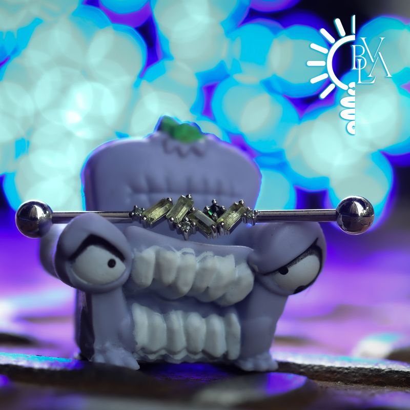 Genesis Pine Green Diamond, Green Tourmaline Cabochon, Peridot Industrial Barbell 16g 1 1/8" 14k White Gold