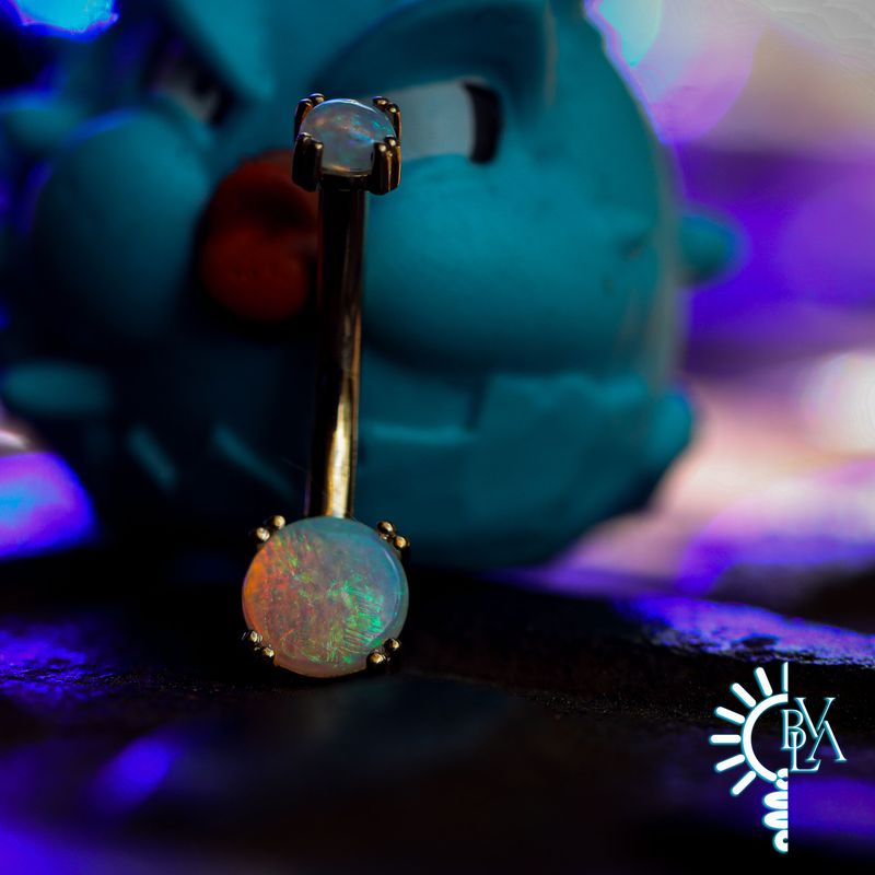 Cab Prong Genuine White Opal Cabochon Navel Curve 14g 3/8" 14k Yellow Gold