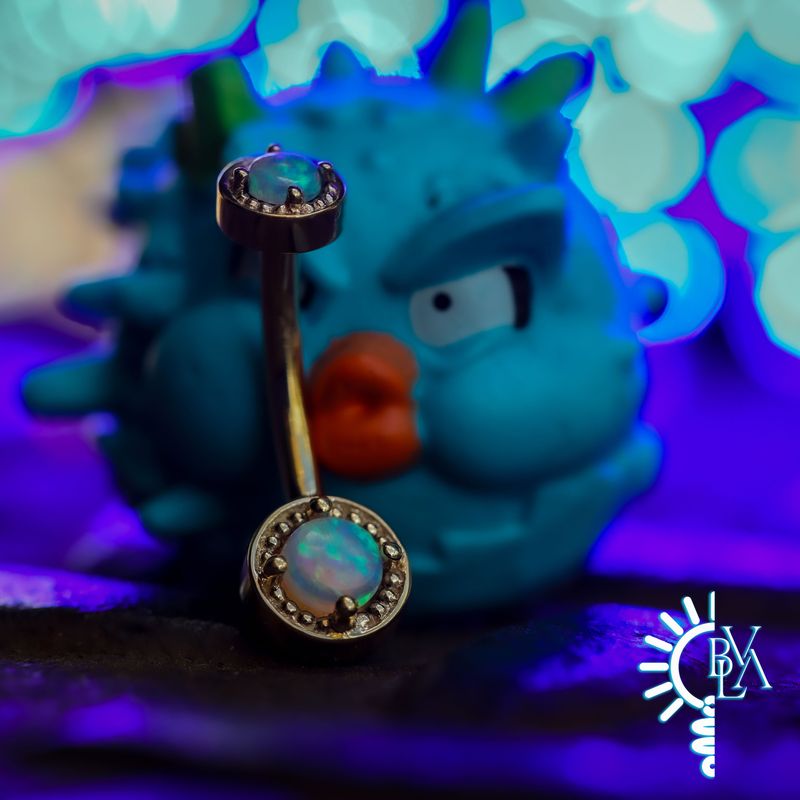 Rachel Genuine White Opal Cabochon Navel Curve 14g 3/8" 14k Yellow Gold