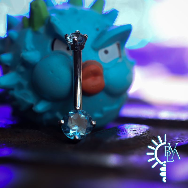 Round Prong Swiss Blue Topaz Navel Curve 14g 3/8" 14k White Gold