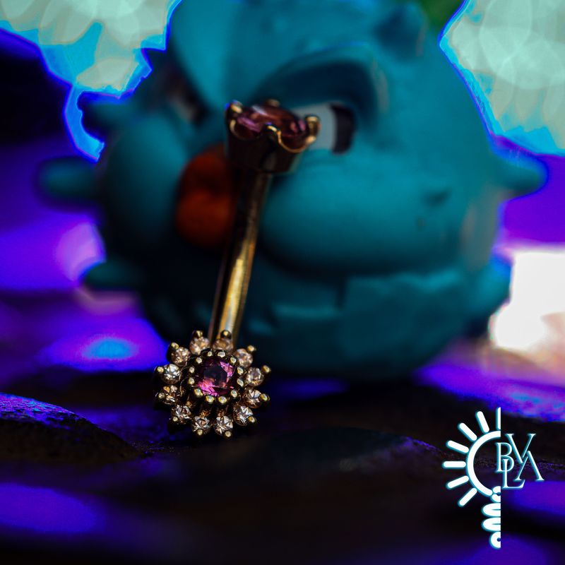 The Rose Pink Tourmaline, Champagne Sapphire Navel Curve 14g 7/16" 14k Yellow Gold