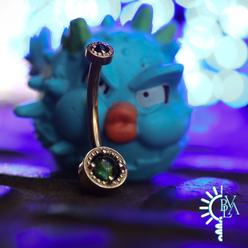 Rachel Green Tourmaline Cabochon Navel Curve 14g 7/16" 14k Yellow Gold