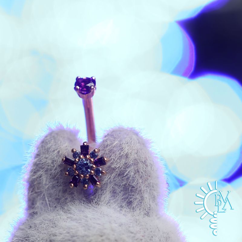 Elaine Amethyst, Polar Sapphire J Curve 16g 9/32" 14k Rose Gold