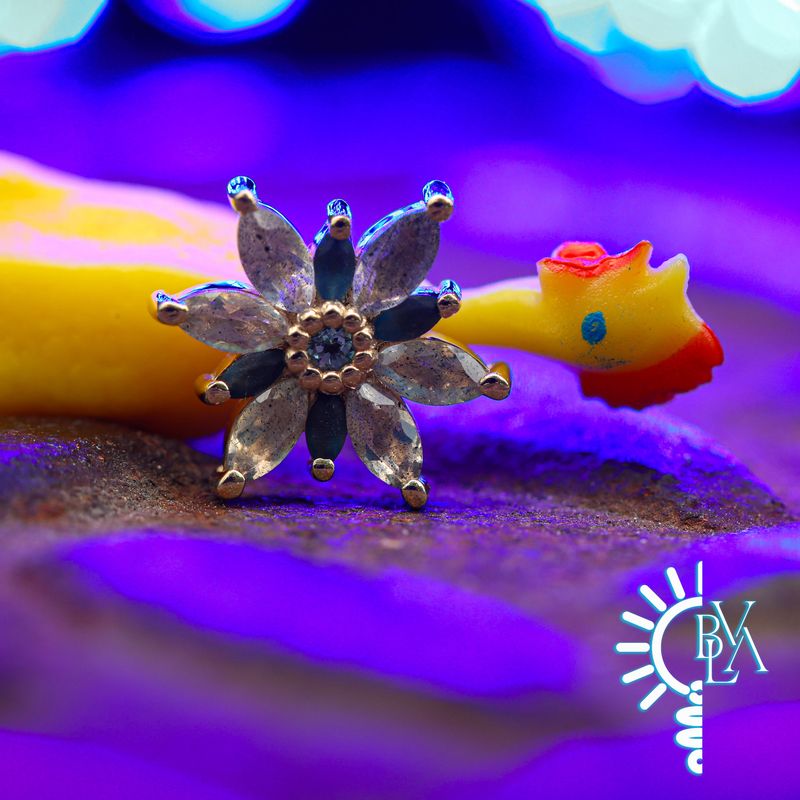 Starla Faceted Labradorite, Sandblasted London Blue Topaz, Swiss Blue Topaz 14g Threaded End 14k Yellow Gold