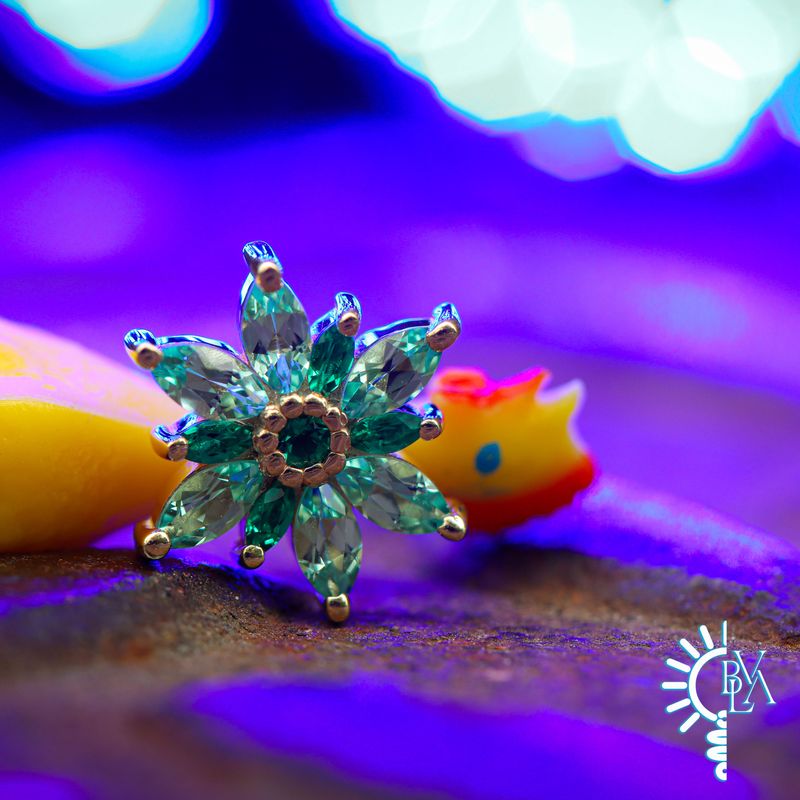 Starla Chrysoberyl, Emerald 14g Threaded End 14k Yellow Gold