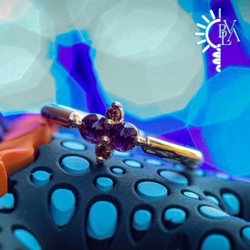 Quad Prong Rose Cut  Rhodolite, Citrine Outward Facing Seam Ring 16g 3/8" 14k Yellow Gold