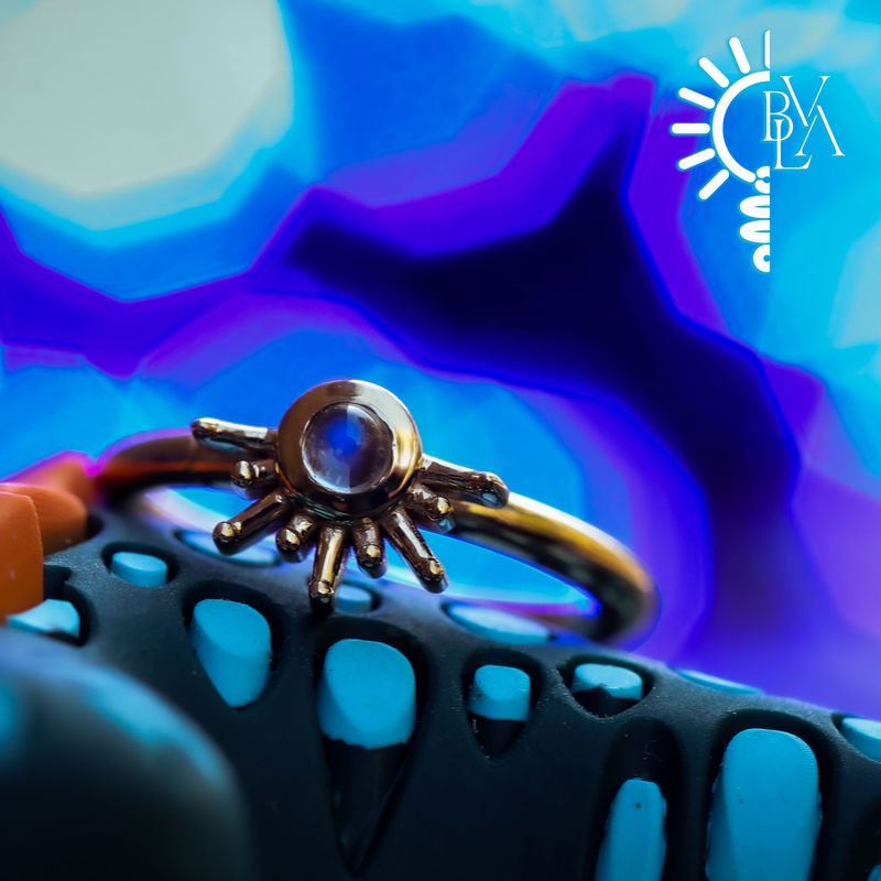 Live to Tell Rainbow Moonstone Cabochon Outward Facing Seam Ring 16g 3/8" 14k Yellow Gold