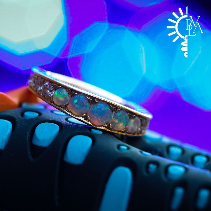 Justify Genuine White Opal Cabochon, CZ Outward Facing Hinge Ring 16g 5/16" 14k Yellow Gold