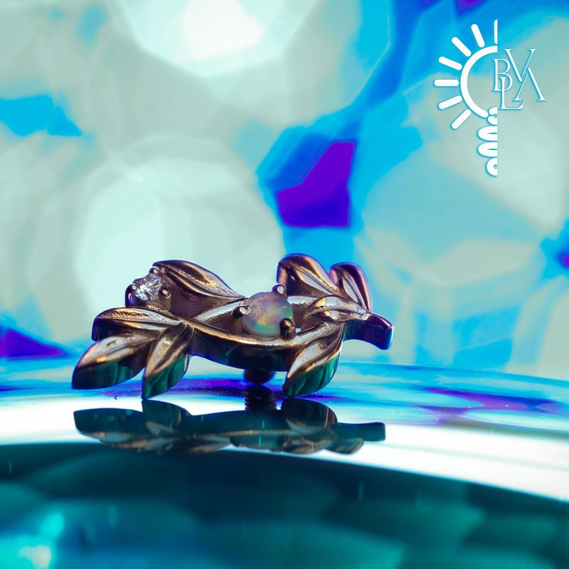 Jessamine Genuine White Opal Cabochon, VS1 Diamond Left Facing 14g Threaded End 14k Yellow Gold