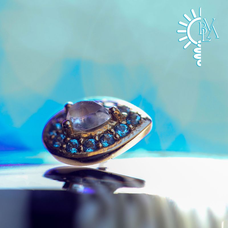 Tiny Pear Halo Rose Cut Labradorite, Ice Blue Topaz 16g Threaded End 14k Yellow Gold