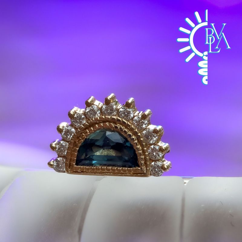 Milgrain Triton London Blue Topaz, VS1 Diamond 16g Threaded End 14k Yellow Gold