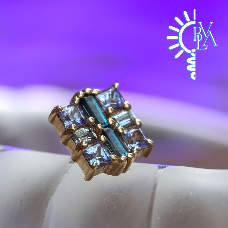 Alta London Blue Topaz, Grey Sapphire, Tanzanite 16g Threaded End 14k Yellow Gold