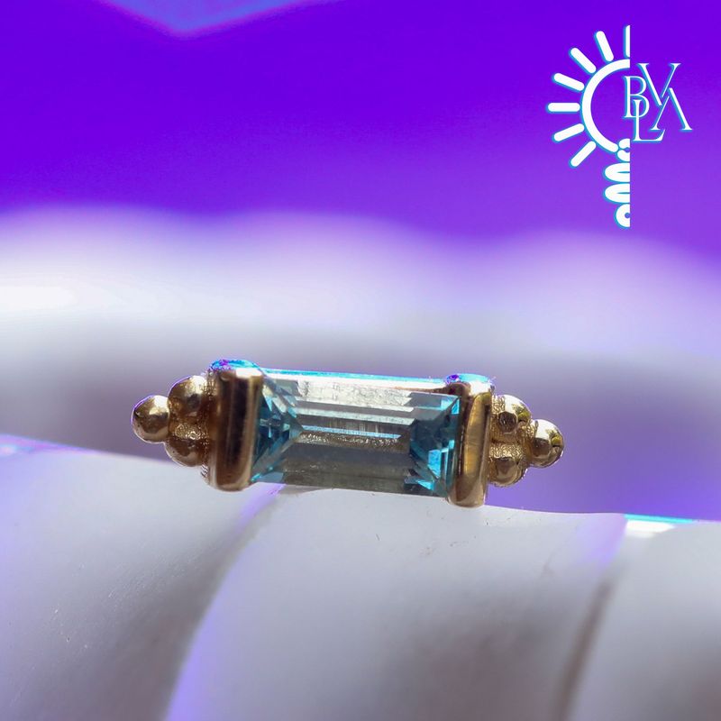 Siva Beaded Baguette 3x1.5mm Swiss Blue Topaz 16g Threaded End 14k Yellow Gold
