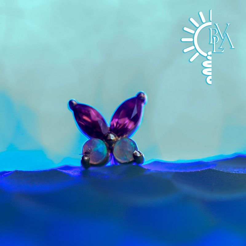 Monarch Pink Tourmaline, Genuine White Opal Cabochon Threadless End 14k Yellow Gold