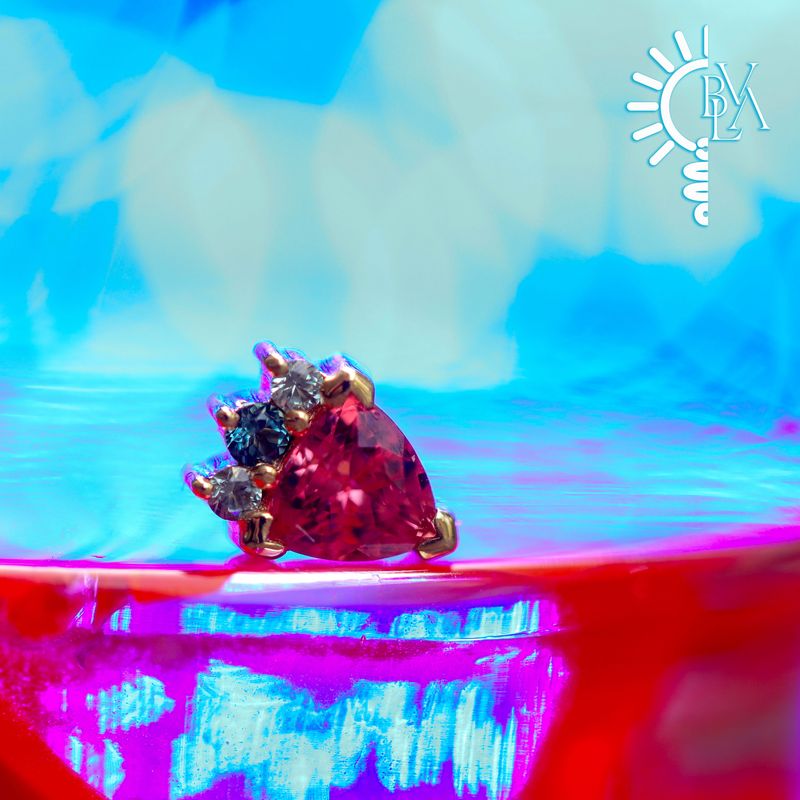 Micol Padparadscha Sapphire, London Blue Topaz, Grey Sapphire 16g Threaded End 14k Yellow Gold