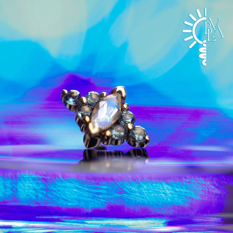 Embrace Marquise Aquamarine, Faceted Rainbow Moonstone 16g Threaded End 14k Yellow Gold