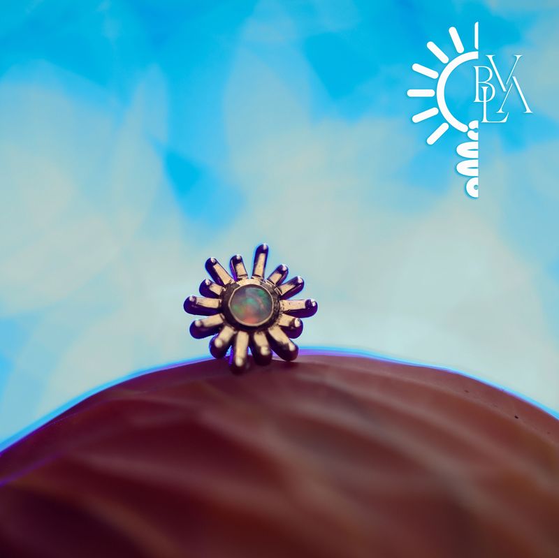 Sunray Genuine White Opal Cabochon 4mm Threadless End 14k Yellow Gold