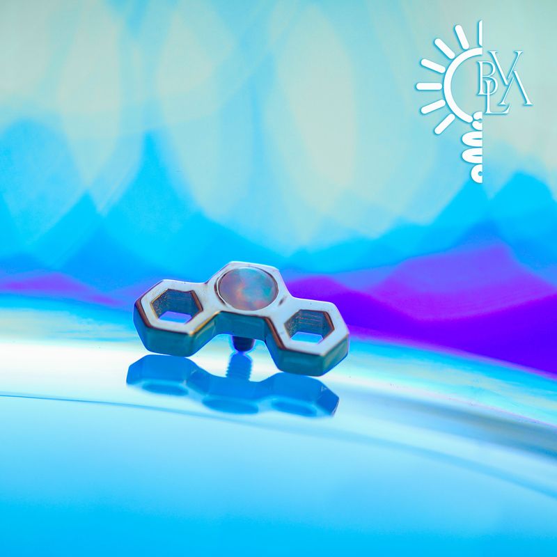 Honeycomb Arc Genuine White Opal Cabochon 16g Threaded End 14k Yellow Gold