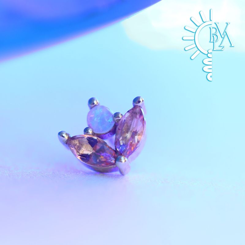 Bloom Peach Topaz, Genuine White Opal Cabochon 4mm Threadless End 14k Yellow Gold