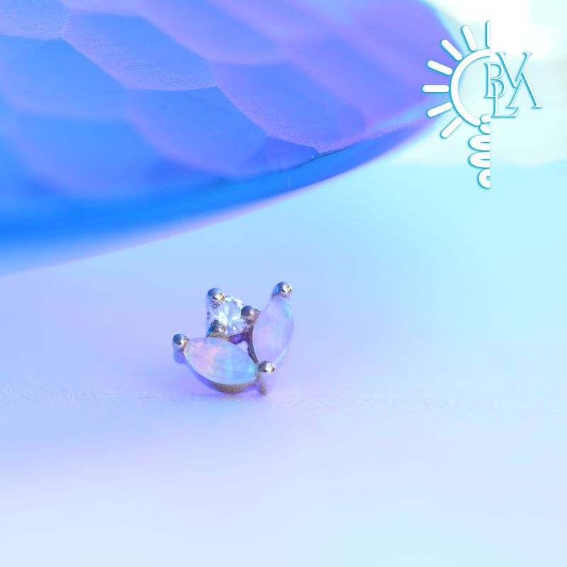 Bloom Genuine White Opal Cabochon, VS1 Diamond 4mm Threadless End 14k Yellow Gold